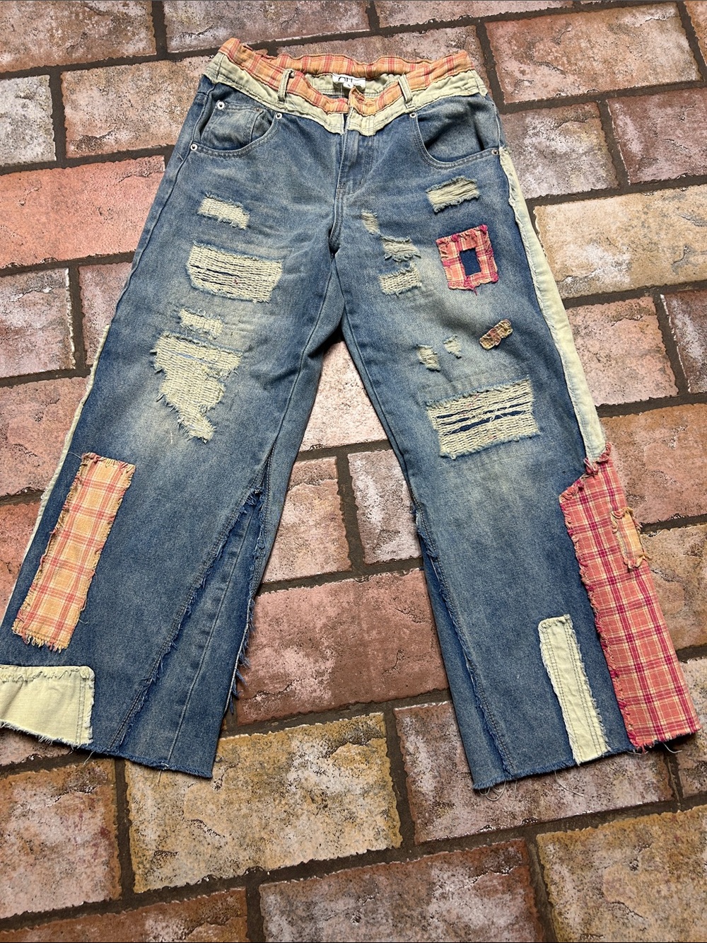 Oh Women’s Flare Patchwork Jeans - Blue with Cream & Red Plaid